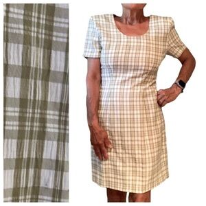 Vintage 80’s My Michelle Sheath Dress Tan White Plaid Shoulder Pads Mod Size 4
